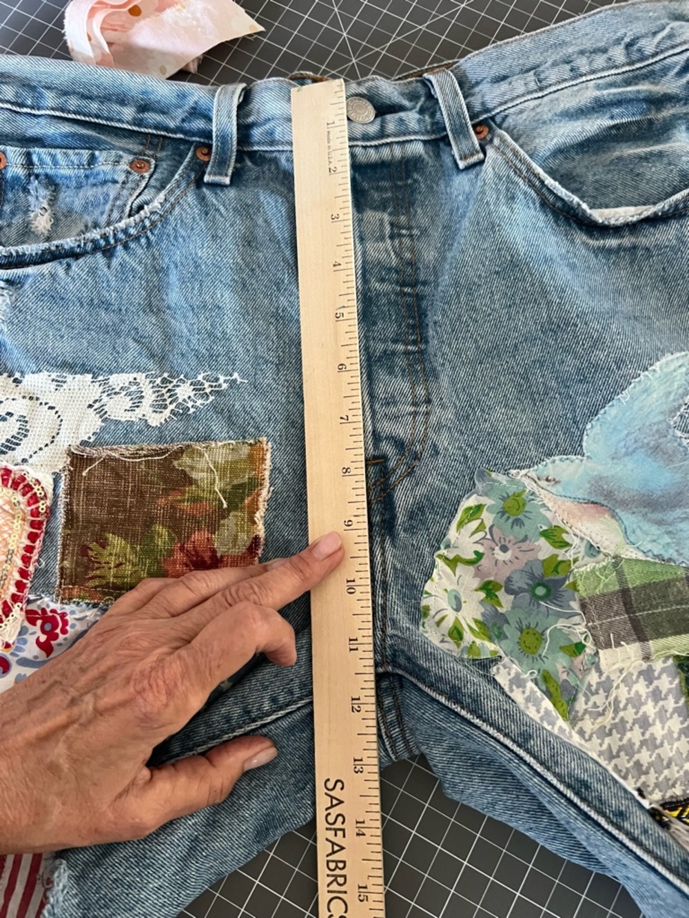 Upcycled Levi's Blue Patchwork High-Rise Jean Shorts - Picture 7 of 9